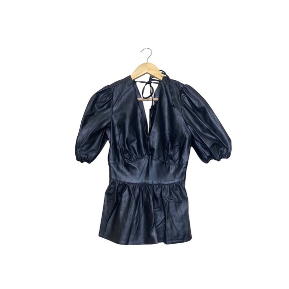 New York & Company Tops - New York & Company Womens Black‎ Faux Leather Puff Sleeve Peplum Top XS Tie Back